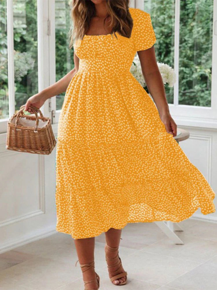 Vintage Maxikleid mit Blumenmuster – Carmen-Ausschnitt & Puffärmel | Maxi Strandkleid Casual