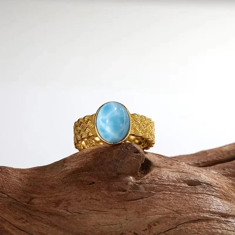 Bague Argent 925 Pierre Larimar Naturelle Vintage – Forme Fleur Ronde Bleu Ciel & Eau de Mer | Bijou Fin Unisexe Pierre Rare des Caraïbes & Cadeau Premium