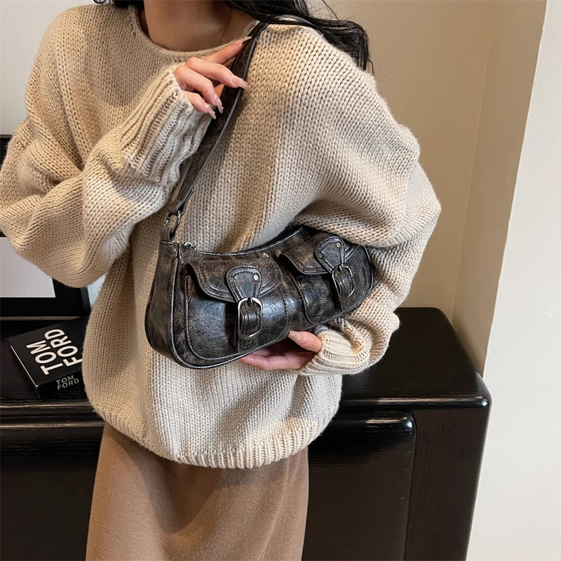 Sac Épaule Femme Cuir PU Double Poches Tendance 2025 – Sac Crossbody Underarm Chic