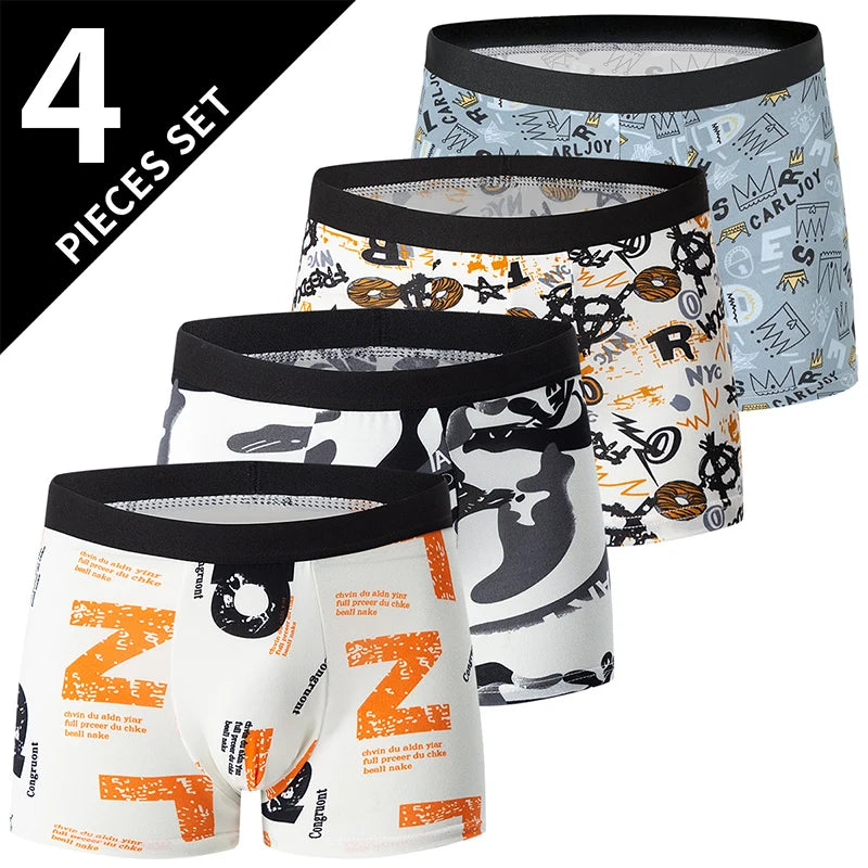Pack 4 Boxers Homme Imprimés Taille US/EU Confortables Fashion Slip Short de Bain Oversize Sous-Vêtements Premium Multicolore – Pack 4 Boxers Premium Imprimés | Mode Homme Sous-Vêtements Premium