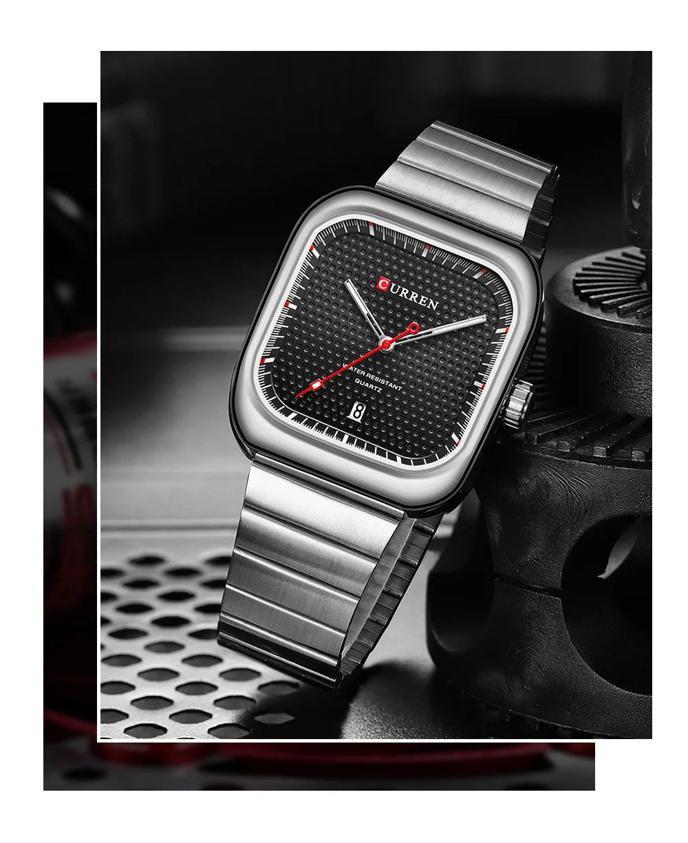 Herrenuhr CURREN Quadrat Business Quarz – Edelstahlarmband Automatische Datumsanzeige