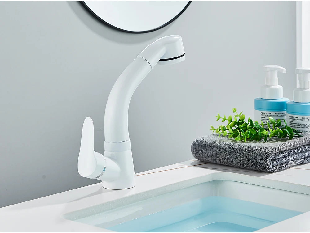 POIQIHY Robinet Lavabo Extractible Noir – Mitigeur Chaud Froid, Rotation 360°, Bec Relevable | Chrome & Noir Salle de Bain