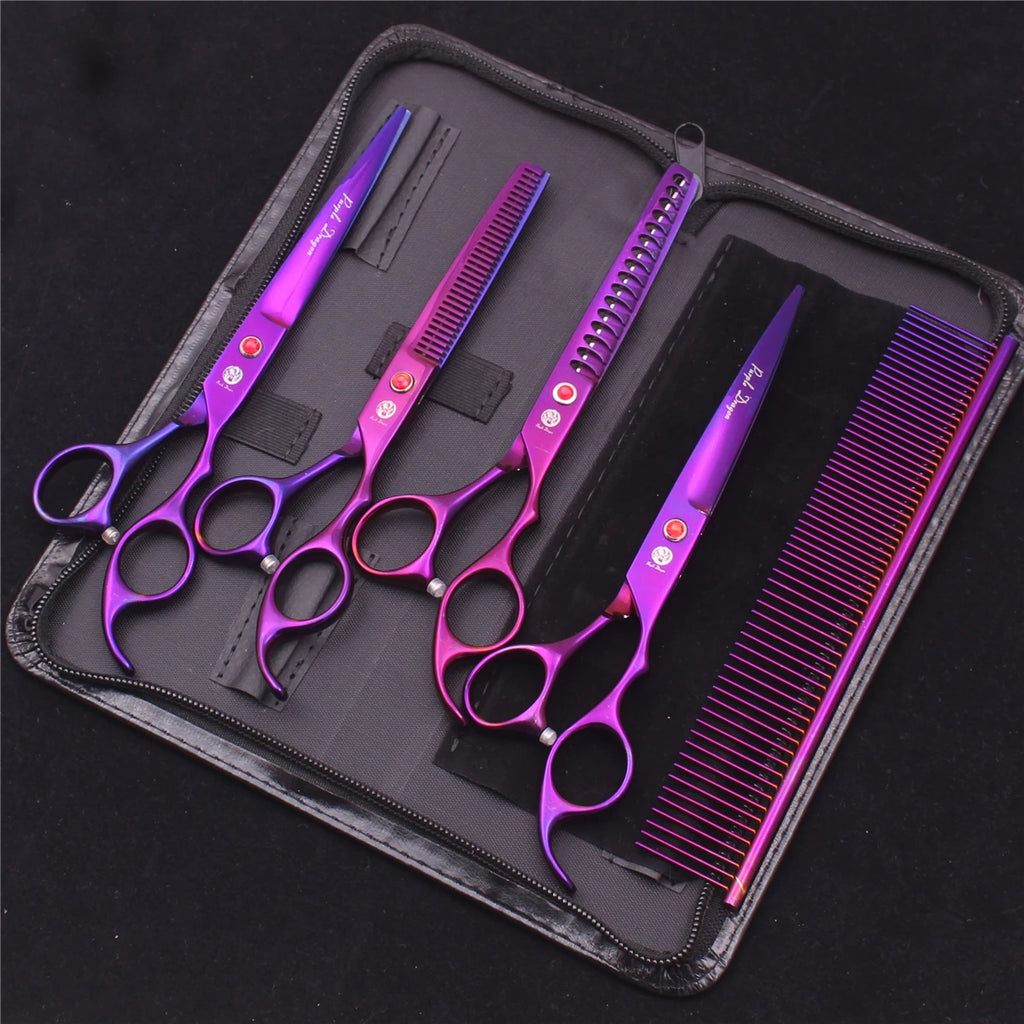 Kit Ciseaux Toilettage Chien Purple Dragon 18cm Inox – Droits Effileurs Chunker Courbés | Toiletteur Professionnel Animaux Z3003