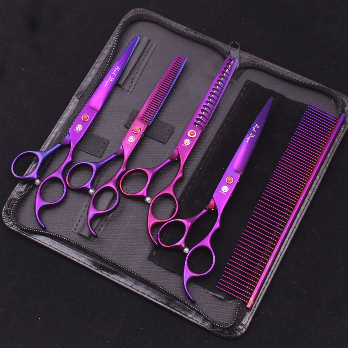 Kit Ciseaux Toilettage Chien Purple Dragon 18cm Inox – Droits Effileurs Chunker Courbés | Toiletteur Professionnel Animaux Z3003