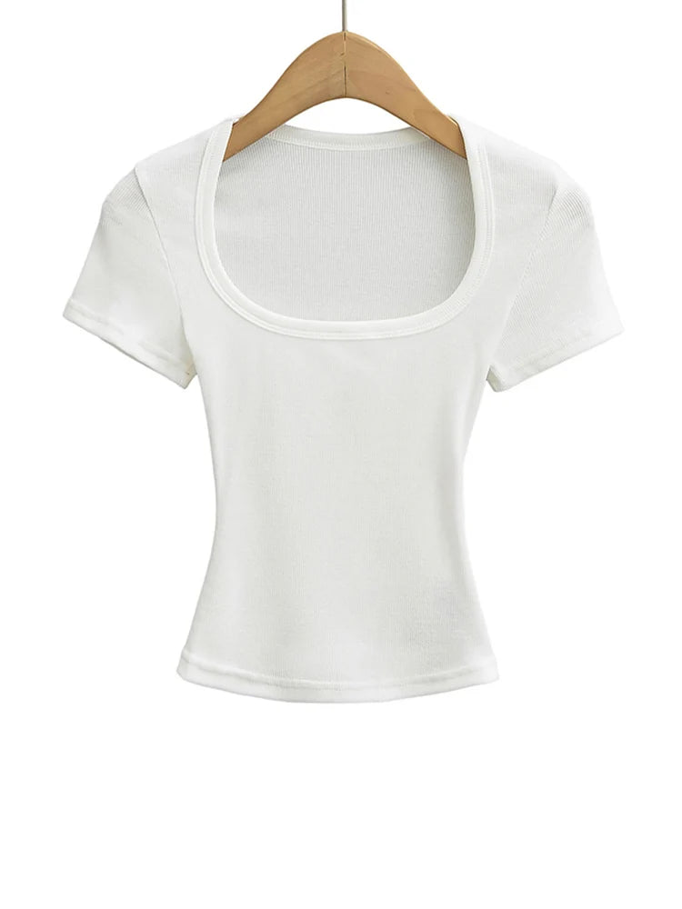 Crop Top Femme Col Carré Slim Stretch Manches Courtes Sexy – T-Shirt Court Élastique Casual Été | Mode