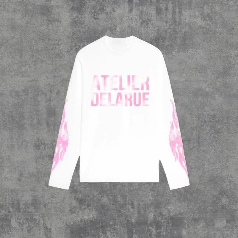Sweat Unisexe Y2K Harajuku Rétro Manches Longues Imprimé Flamme Lettres Oversize – Streetwear Casual Confortable | Mode Homme & Femme