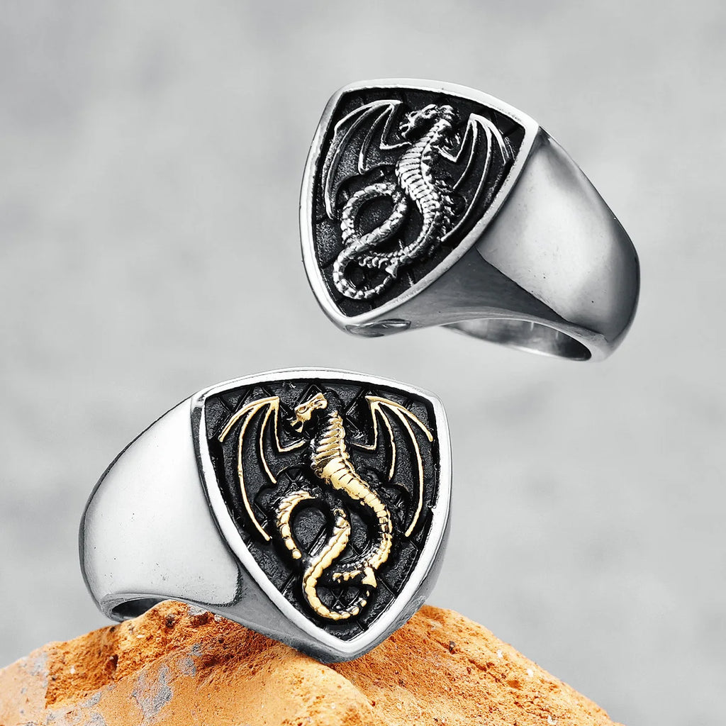 Bague Dragon Bouclier Acier 316L Homme — Style Rock Punk Viking Biker Retro