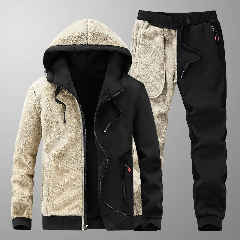 Ensemble Homme Cashmere Tracksuit Hiver – Veste + Pantalon Polaire Épaisse Capuche Chaud