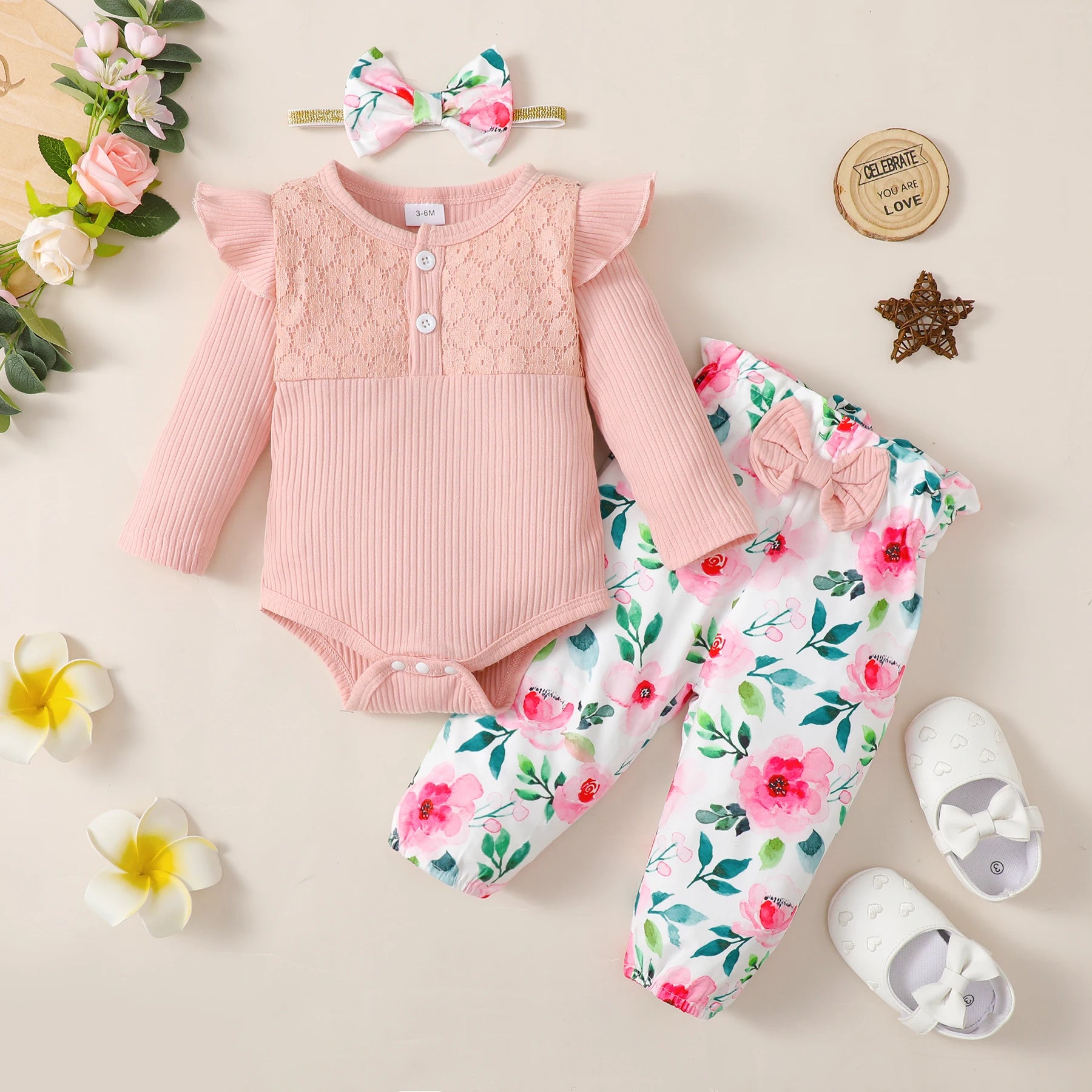Tenue 3 Pièces Bébé Fille Fleurie – Body Manches Longues + Pantalon Fleurs + Bandeau 0-18 Mois