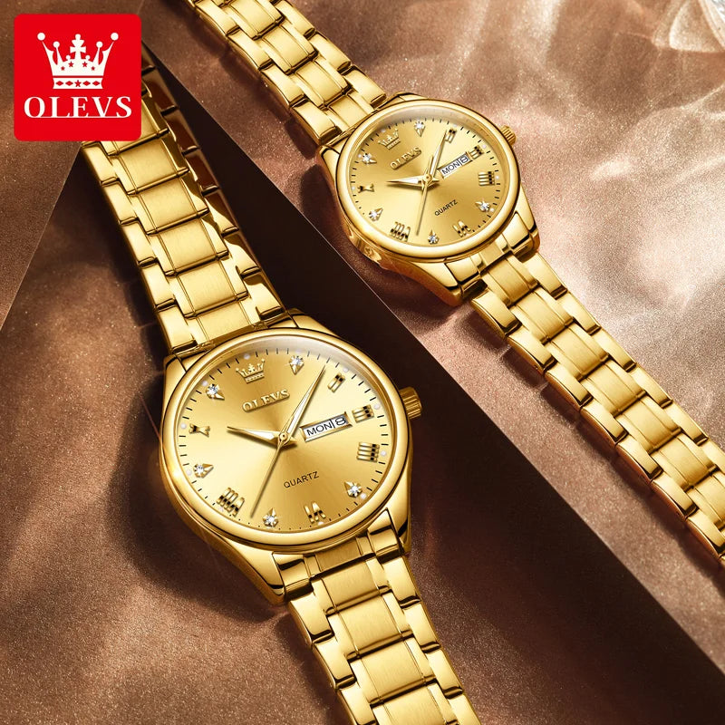 Paar-Uhr OLEVS Gold Luxus Quarz – Stahl Leuchtend Wasserdicht Datum Wochentag Trend