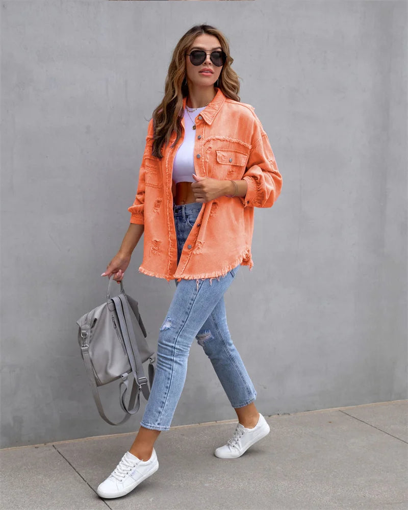 Veste en Jean Femme Bords Bruts Troués – Style Chemise Casual | Printemps Automne Tendance 2025