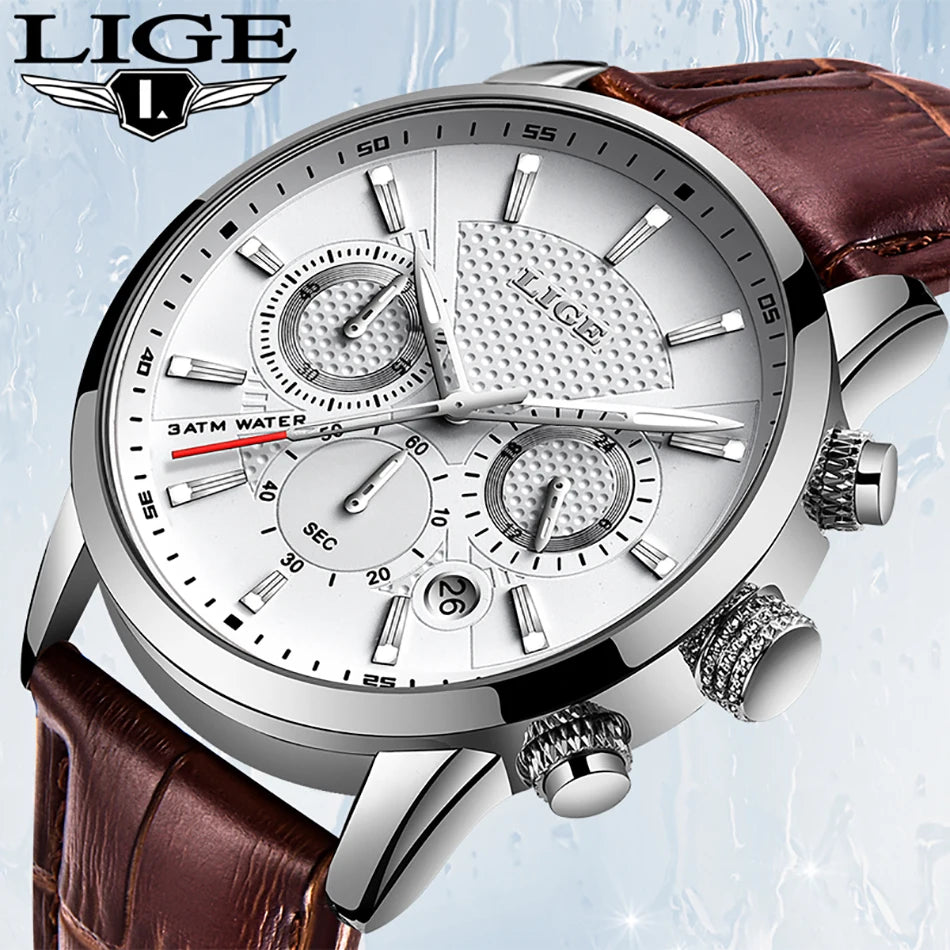 Montre Homme Luxe LIGE Chronographe Quartz Cuir – Business Sport Étanche Date 2025
