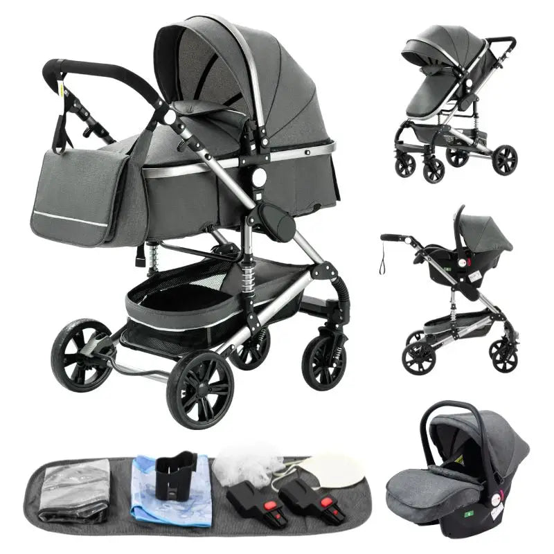 Poussette Bébé 3 en 1 Luxe Pliable Noire – Cadre Aluminium, Haute Vue, Nacelle & Siège | Voyage Nouveau-Né & Nourrisson