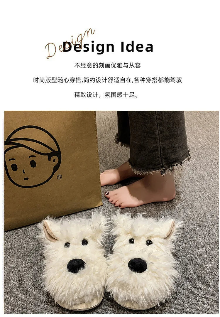 Chaussons Chien Cartoon Plush Hiver Femme – Coton Chaud Non-Slip Intérieur Maison