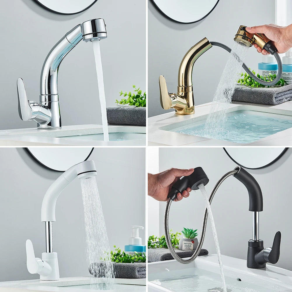 POIQIHY Robinet Lavabo Extractible Noir – Mitigeur Chaud Froid, Rotation 360°, Bec Relevable | Chrome & Noir Salle de Bain
