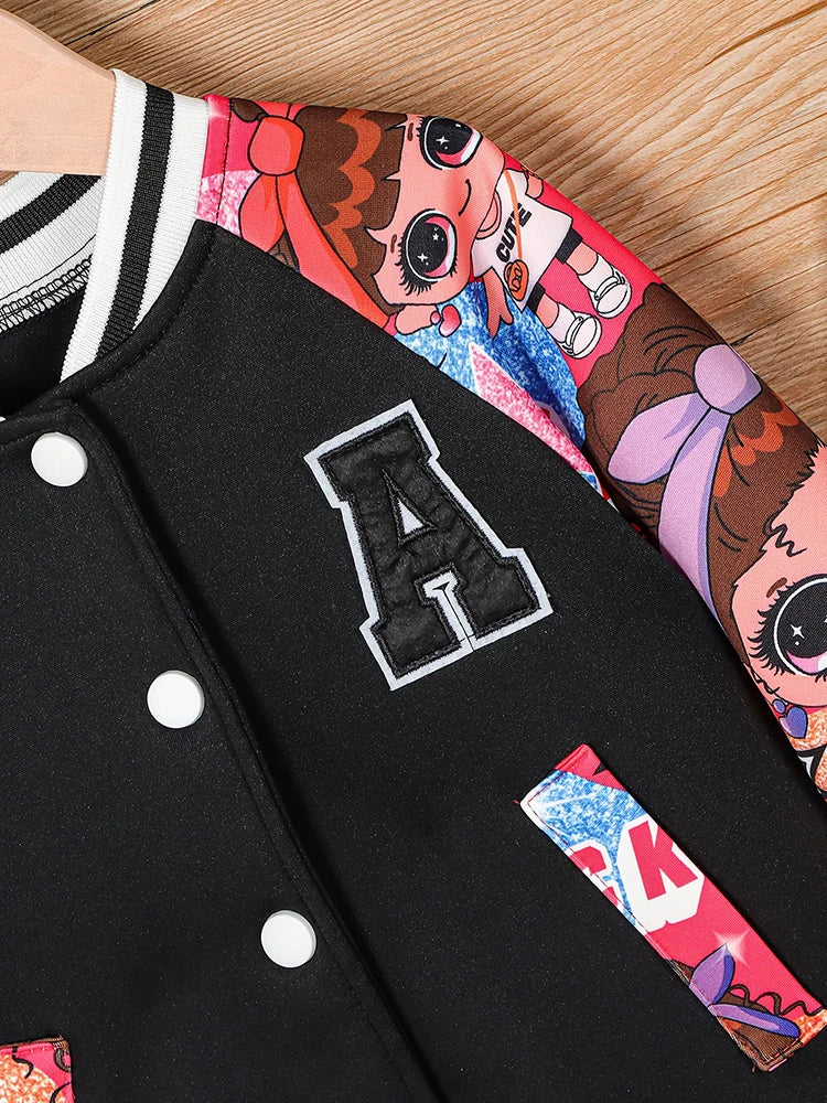 Veste Baseball Fille Imprimé Poupée Cartoon Lettre A – Blouson Casual Printemps Automne Enfant