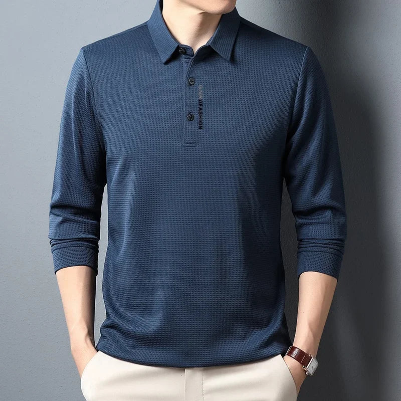 Polo Homme Manches Longues Texture Gaufrée Waffle Col Reversé Lettres Imprimées Casual Tendance – Top Polo Texturé Élégant Streetwear | Mode Homme Premium