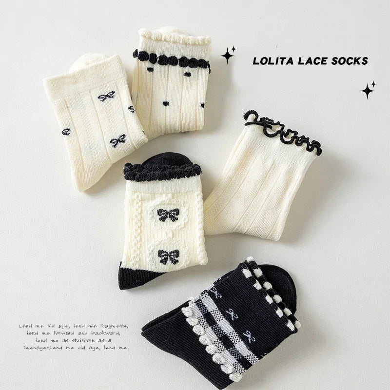 Lot 5 Paires Chaussettes Fille Coton Dentelle Nœud – Rayures Douces Respirantes Antidérapantes Princesse