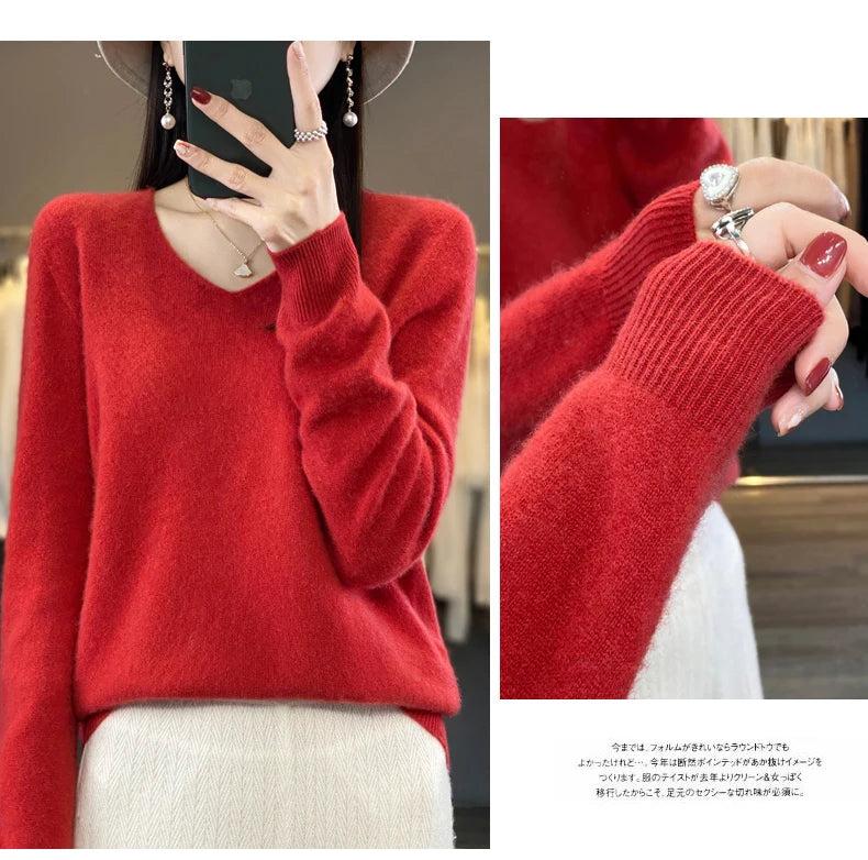 Kaschmirpullover 100% Wolle V-Ausschnitt Damen - Strick Casual Korean Fashion Herbst Winter