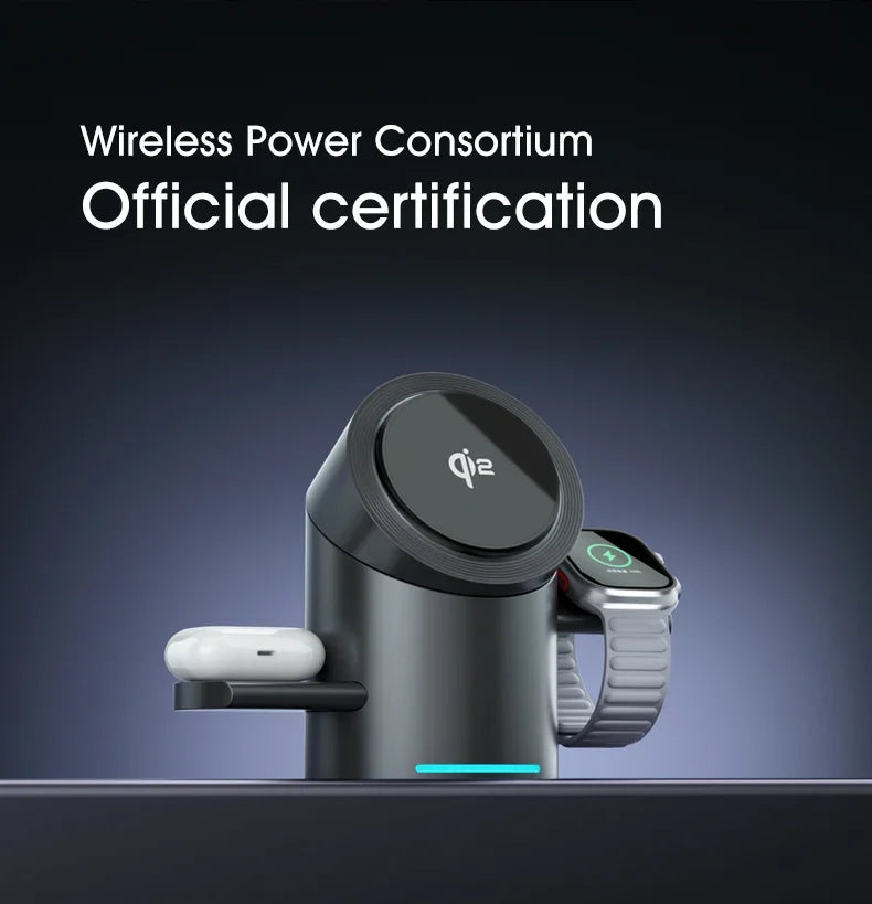 Chargeur Qi2 3-en-1 Multifonction Tactile Rotatif – iPhone 16 15 14 Pro Max iWatch Écouteurs