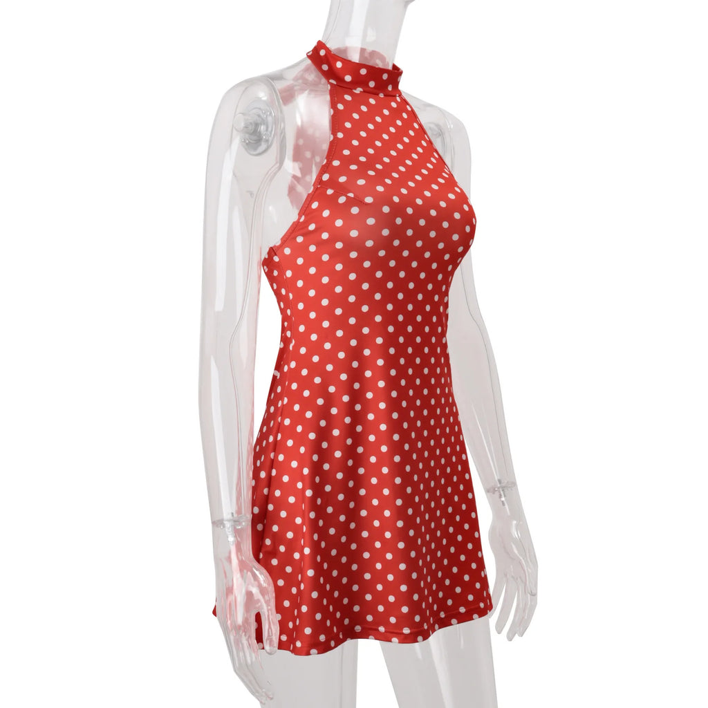 Mini Robe Femme Pois Élégante Épaules Dénudées Dos Nu Taille Haute Halter – Y2K Club & Soirée | Été