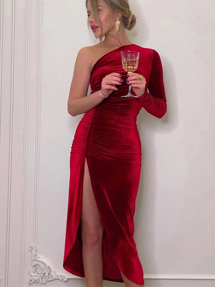 Elegantes Damen Samt Midi-Kleid Langarm Bodycon Schlitz Bleistift Abendkleid – Schickes Outfit Frühling Herbst | Glamour