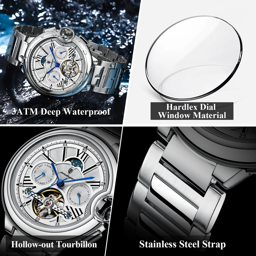 Montre Homme POEDAGAR Tourbillon Automatique Militaire – Acier Date Semaine Étanche