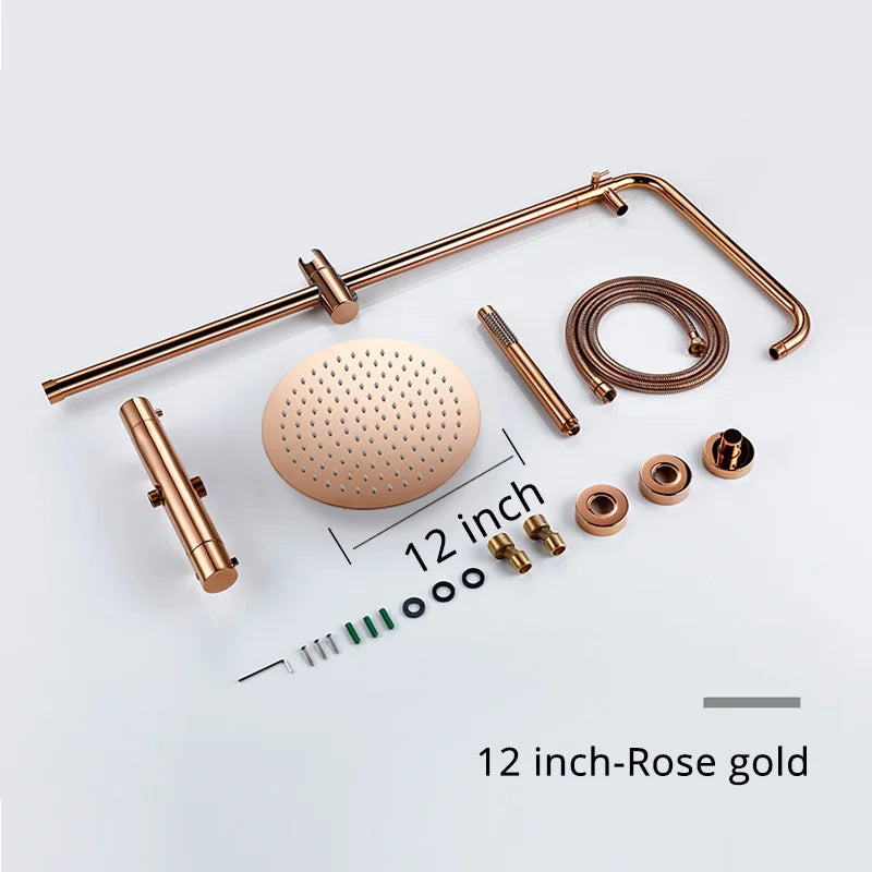 Ensemble Douche Thermostatique Mural Rose Gold – Laiton, Pommeau Pluie & Mitigeur | Système Douche Luxe Salle de Bain
