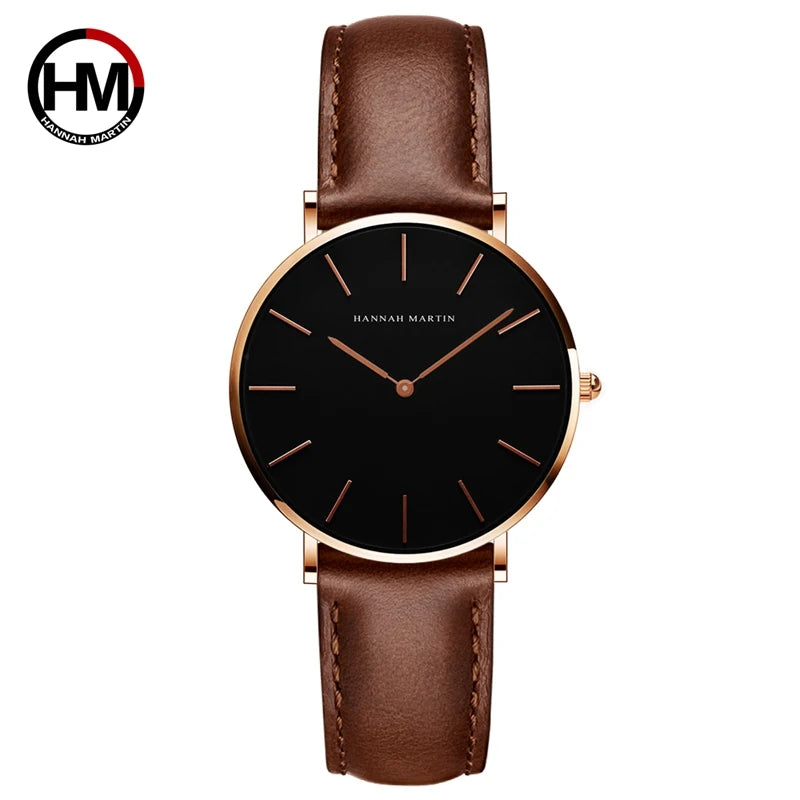 Montre Femme Luxe HANNAH MARTIN Ultra-Fine 36mm Cuir Or Rose – Étanche Élégante Fashion