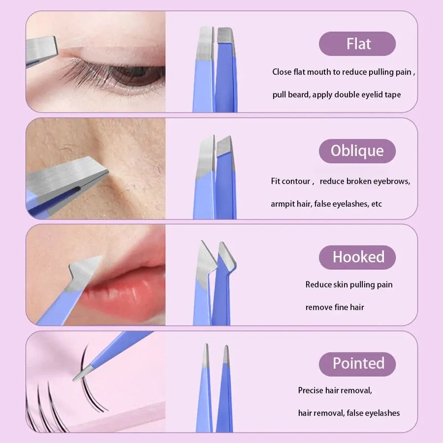 4er Set Profi-Pinzetten aus Edelstahl – Gerade & Schräge Spitze | Präzise Haarentfernung & Augenbrauenformung | Beauty-Tool für Damen