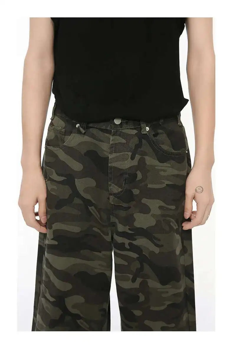 Jean für Herren, Camouflage, Vintage, Washed, weites Bein, Denim, Loose Fit, Casual, Herbst Winter, Hellblau, Streetwear, Trend, Komfortabel – Premium Camo Wide Leg Jeans | Herrenmode Denim Premium Streetwear
