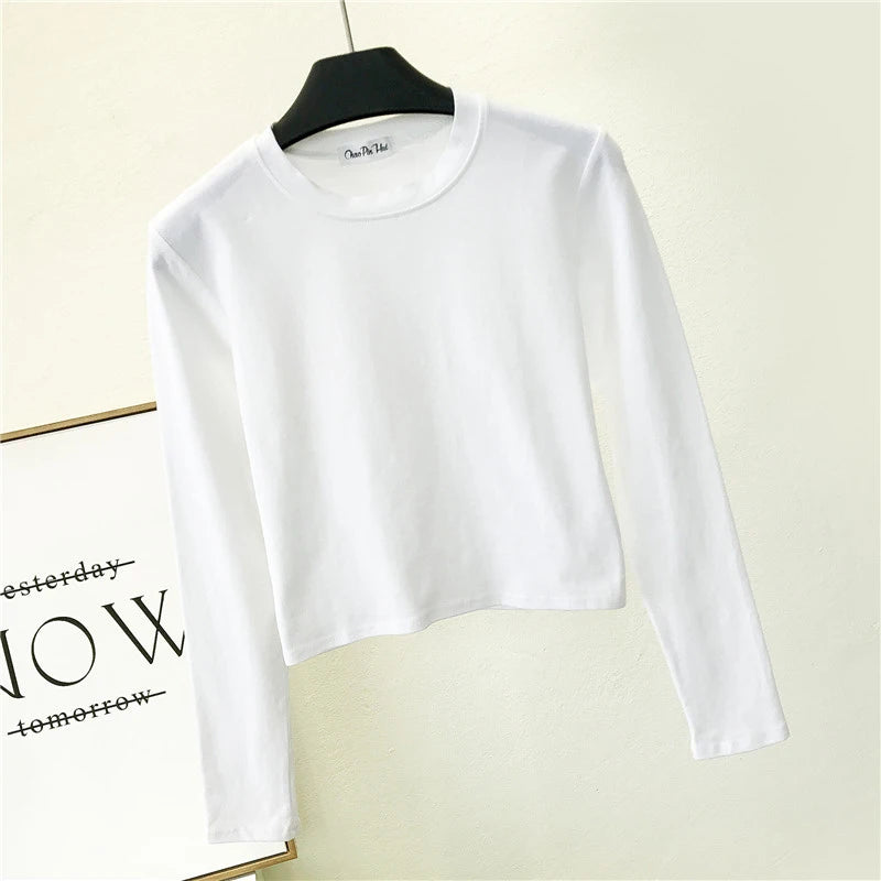 Top Femme Sexy Col Rond Manches Longues Découpe Nombril Basique – Mode Casual & Tendance | Automne