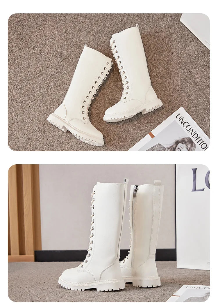 Bottes Hautes Fille Hiver Style Moto – Cuissardes Semelle Souple Plateforme Princesse Enfant