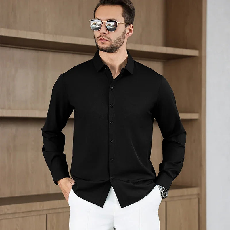 Chemise Homme Business Casual Manches Longues Couleur Unie Anti-Froissage – Confortable Toutes Saisons Polyvalente | Mode Homme Élégant