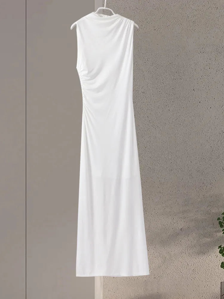 Robe Longue Femme Blanche Plissée Sans Manches Col Rond – Slim Gainante Élégante | Soirée Été