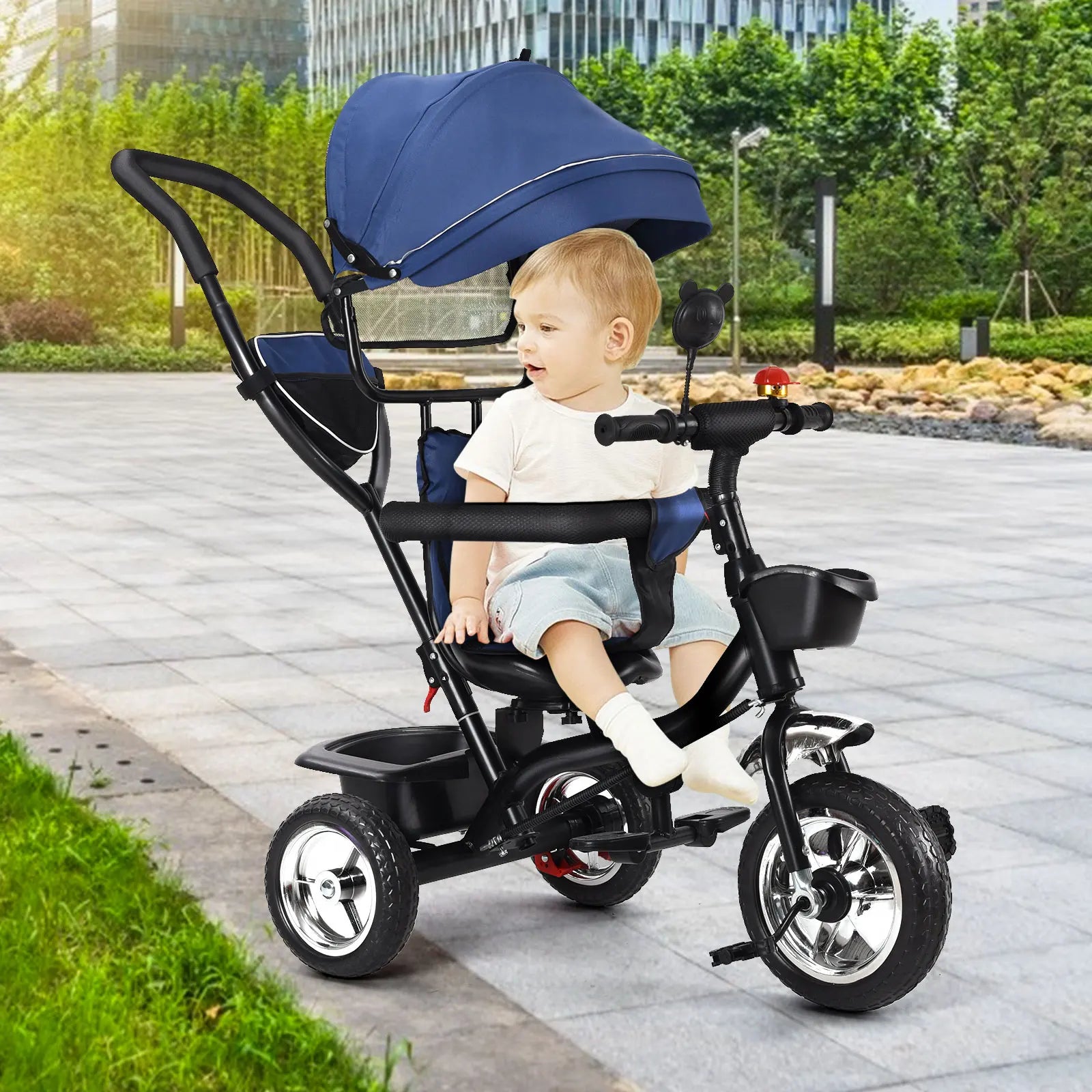 Tricycle Bébé Dès 9 Mois jusqu'à 25 Kg – Barre de Poussée, Siège Rotatif, Auvent Solaire, Porte-Gobelet & Panier | Évolutif