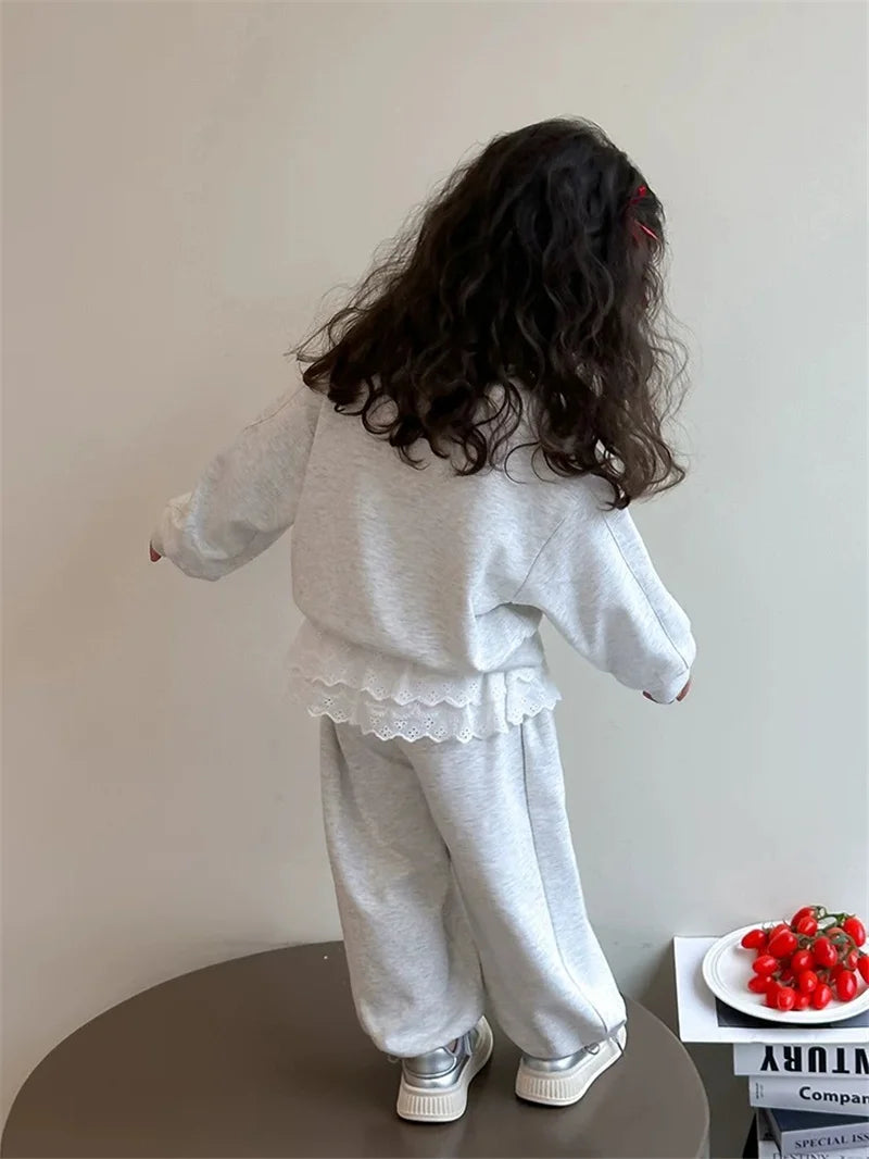 2-teiliges Set für Mädchen, Baumwolle, Spitze, Schleife – Langarm-Sweatshirt, Jogginghose für Kinder 2025