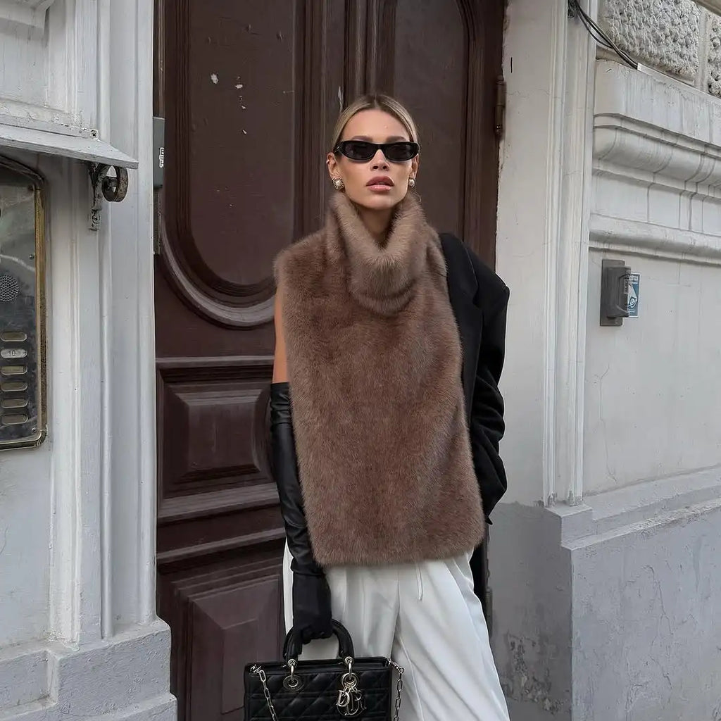 Manteau Femme Mi-Long Fausse Fourrure Col Revers Boutons Cachés Ample Élégant – Overcoat Bureau Chic | Hiver