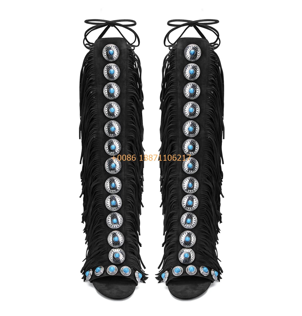 Bottes Gland Gemmes Catwalk Stiletto Femme – Luxe Romain Bout Ouvert Scène Mode