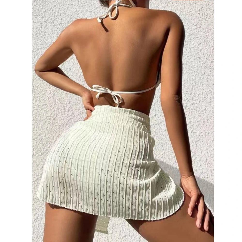 Bikini 3 Pièces Halter Femme Sexy Tanga – Maillot de Bain Avec Paréo Jupe | Blanc Noir Rose Vert Été
