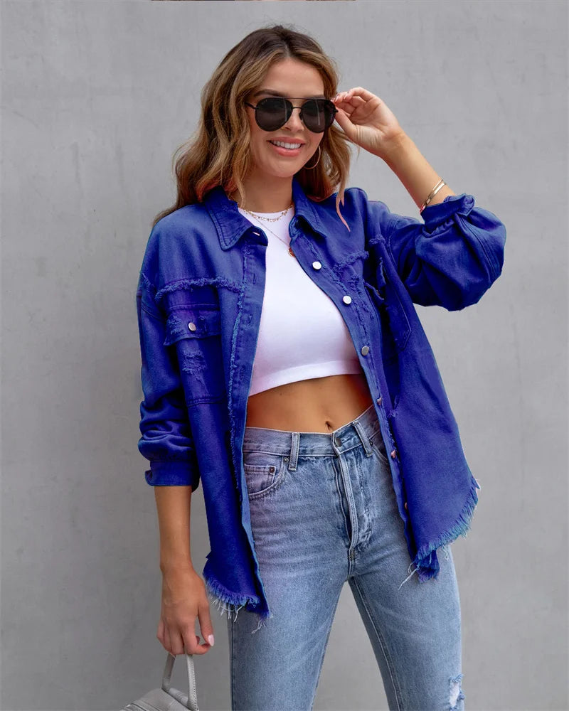 Veste en Jean Femme Bords Bruts Troués – Style Chemise Casual | Printemps Automne Tendance 2025