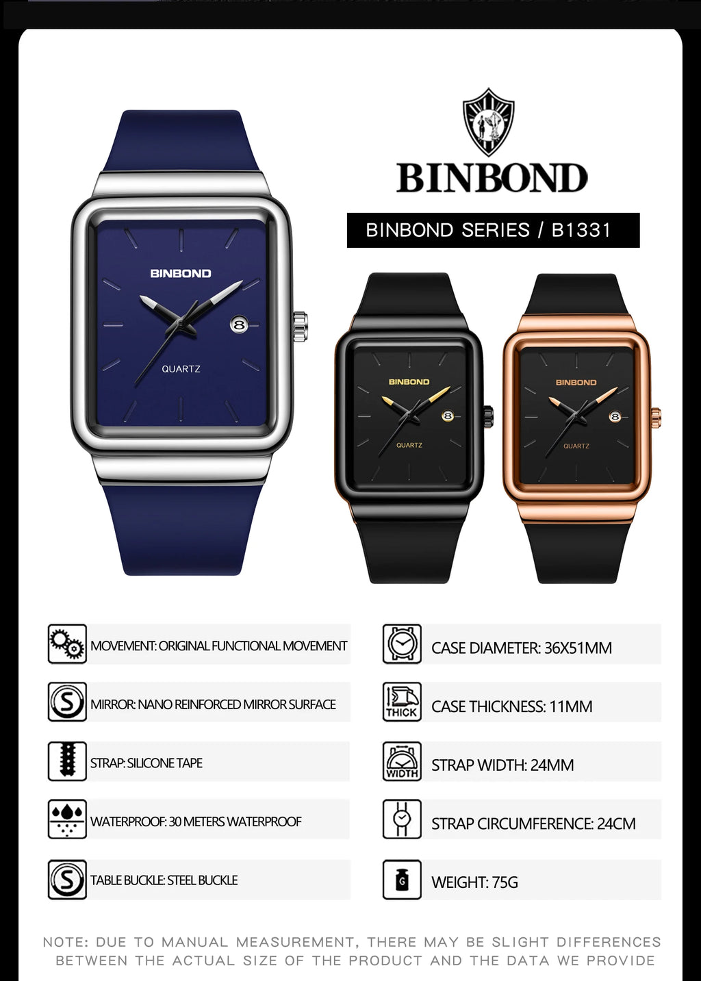 Montre Homme BINBOND Carré Quartz Silicone – Fashion Simple Étanche Tendance Original
