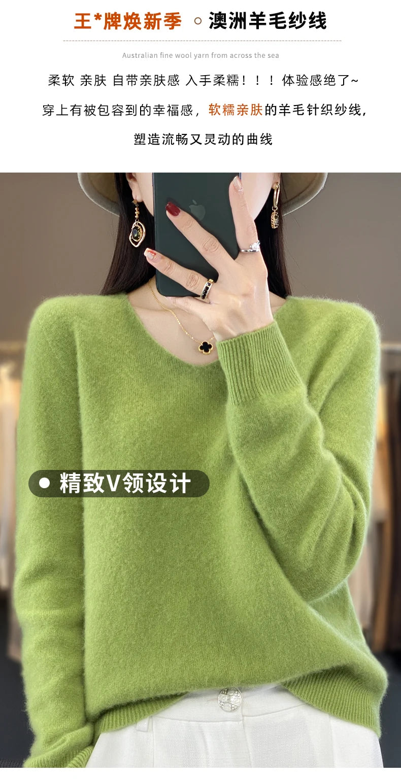 Kaschmirpullover 100% Wolle V-Ausschnitt Damen - Strick Casual Korean Fashion Herbst Winter