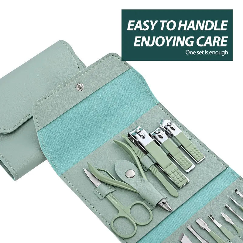 Kit Manucure 16 Pièces Inox – Coupe-Ongles, Ciseaux & Accessoires | Pochette Pliable | Soin Ongles Professionnel