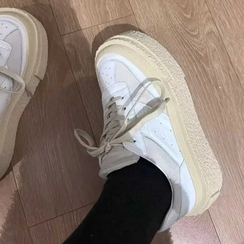 Chaussures Cuir Véritable Femme Cake Sole 2024 – Blanches Casual Élévées Sport Printemps