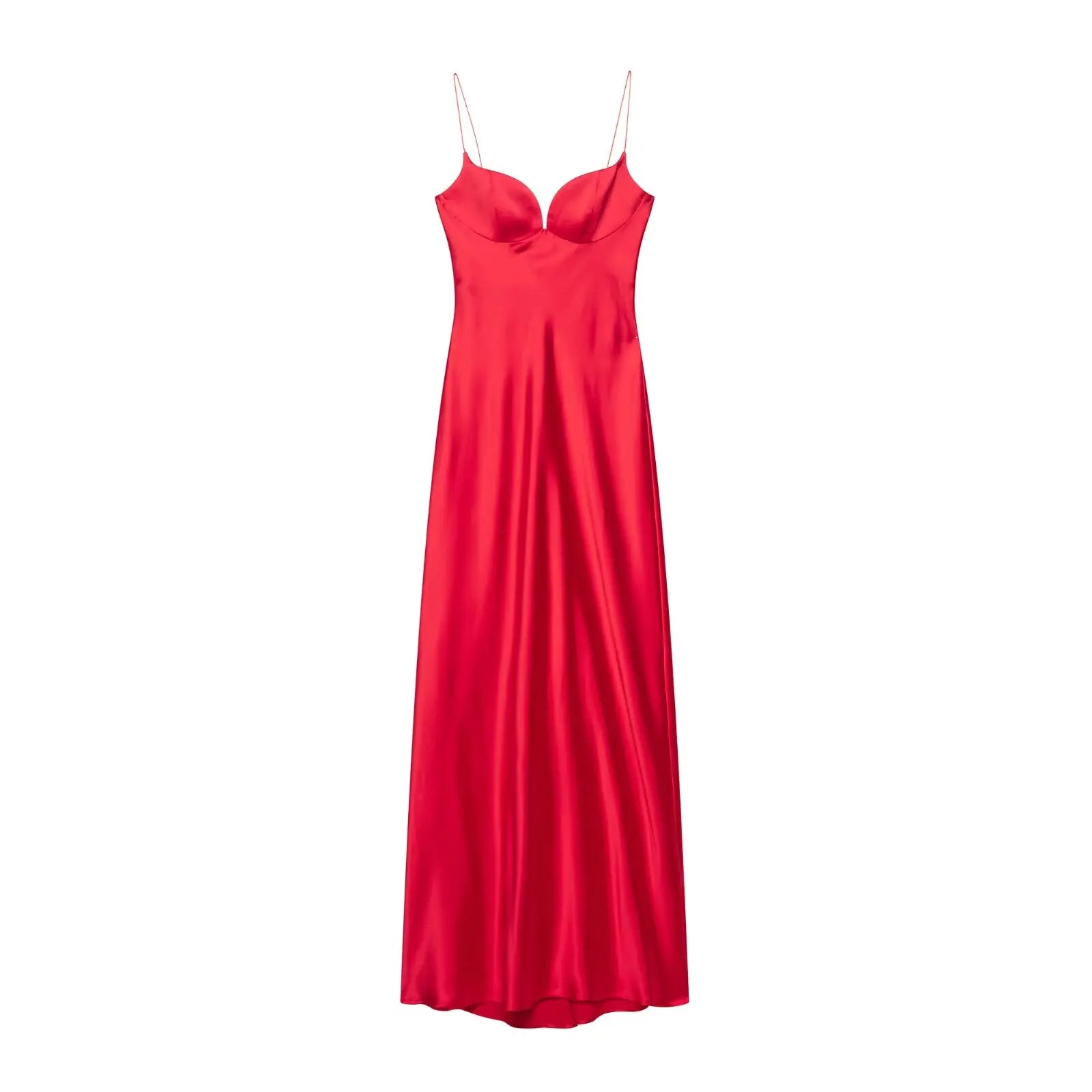 Damen Maxikleid Satin Rot V-Ausschnitt Spaghetti-Träger Ärmellos – Eleganter Reißverschluss hinten | HH Sommer 2025