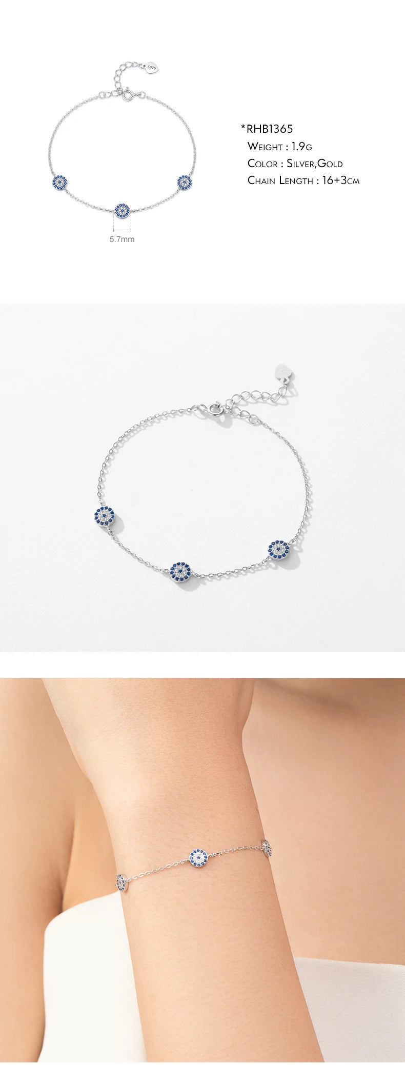 Bracelet Argent 925 Pur MODIAN Luxe – Yeux Turquoise Bleu & Zircon Cubique Cristal Transparent | Bijou Fin Femme Chaîne Maille Élégante & Hypoallergénique