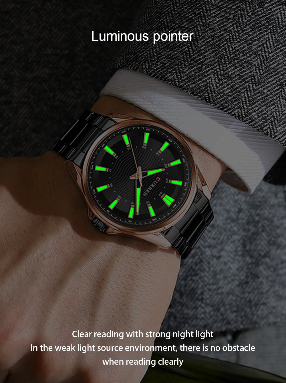 Montre Homme CURREN Business Casual Quartz 44mm – Acier Noir Lumineux Étanche Fashion