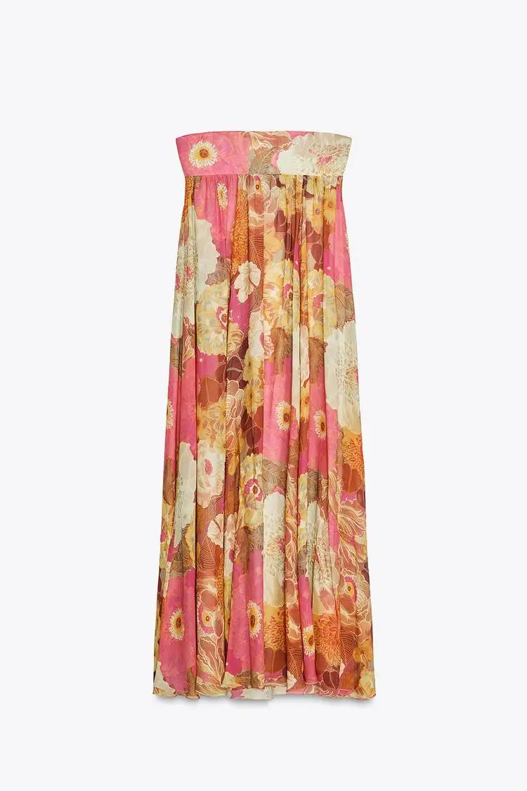 Robe Maxi Femme Imprimée Sans Bretelles Épaules Dénudées Dos Nu Sans Manches Taille Haute – Robe de Soirée Élégante | Été