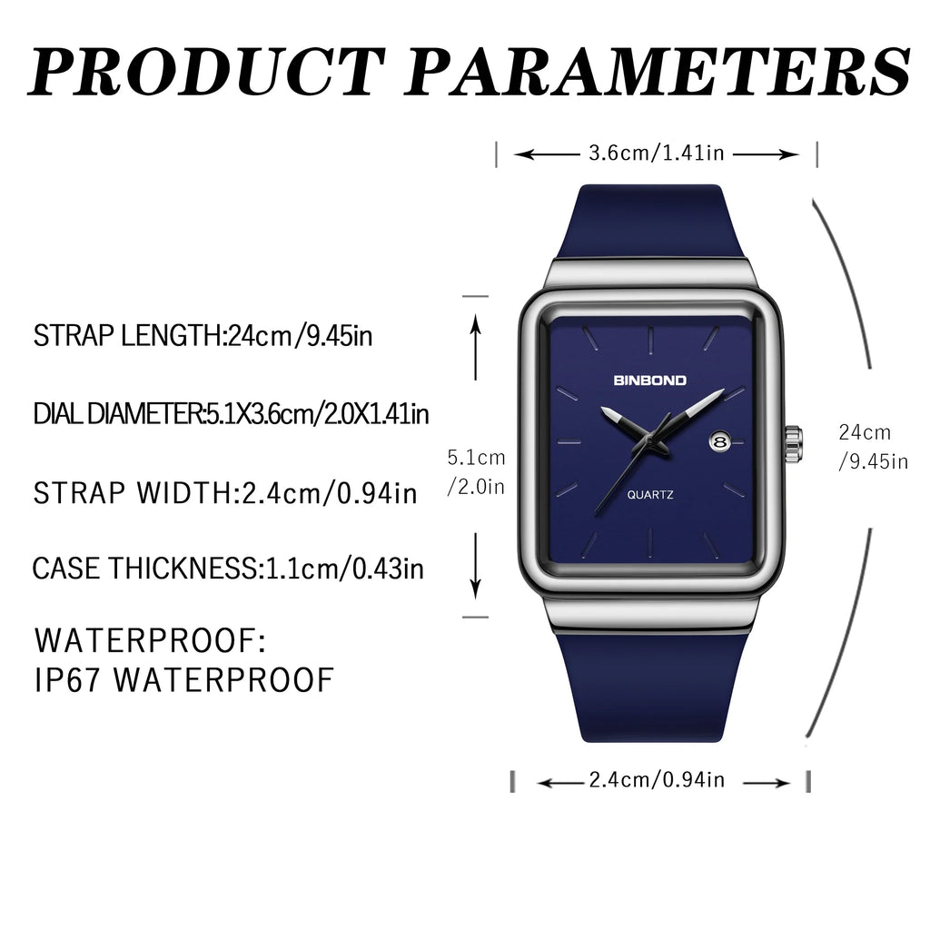Montre Homme BINBOND Carré Quartz Silicone – Fashion Simple Étanche Tendance Original